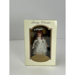 Pretty Woman Porcelain Doll Ornament Gold Red Trim Dress Brunette Curls 2004
